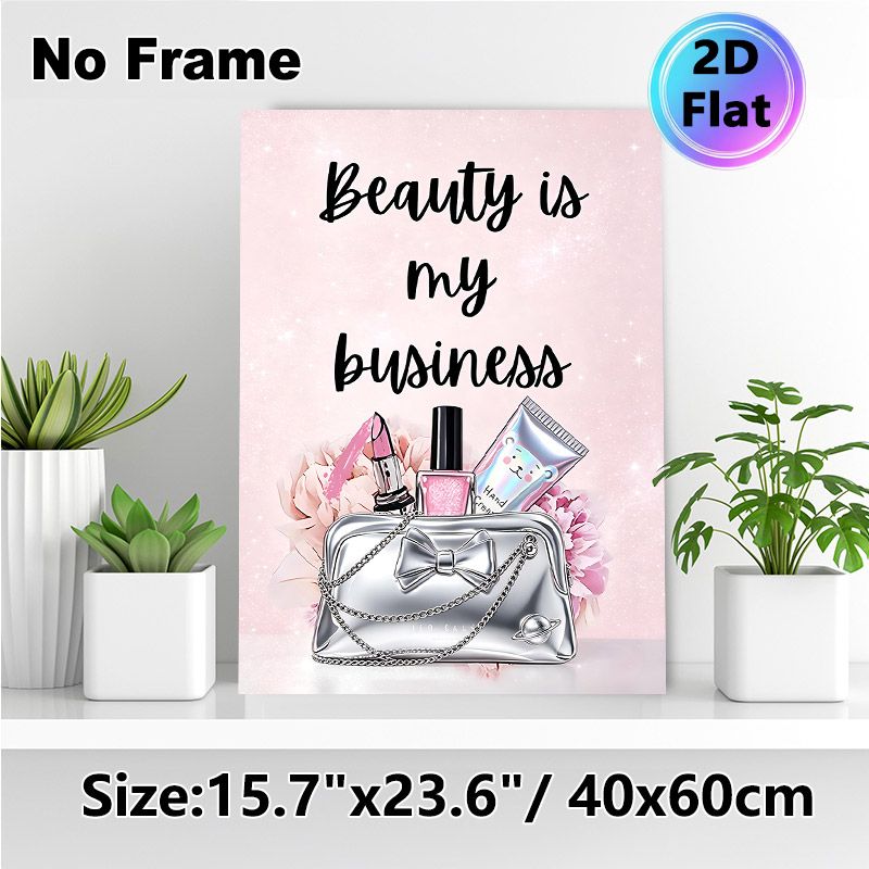 Beauty & Makeup Themed Painting Poster, Sparkly Pink Glamorous Cosmetic & Handbag Scene Poster, Motivational Quote Design Ideal For Beauty Salon_maomaolike.com