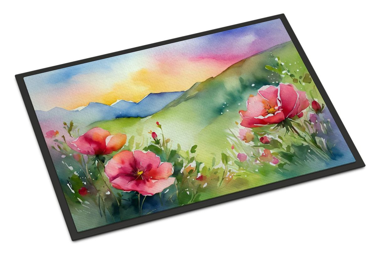 North Dakota Wild Prairie Roses In Watercolor Doormat Front Door Mat Indoor Outdoor Rugs For Entryway, Non Slip Washable Low Pile, 24H X 36W_maomaolike.com