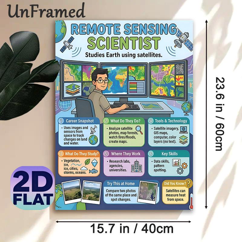 Remote Sensing Scientist Painting Poster, Vibrant Cartoon-style Educational Poster, Informative Career Guide With Earth Study & Satellite Details_maomaolike.com