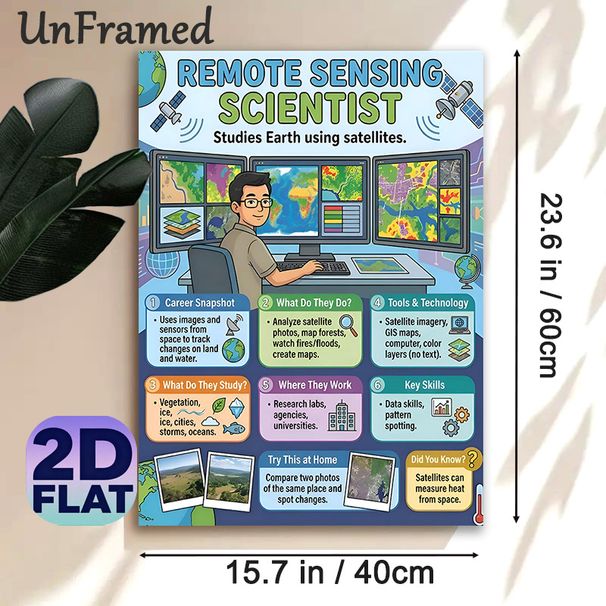 Remote Sensing Scientist Painting Poster, Vibrant Cartoon-style Educational Poster, Informative Career Guide With Earth Study & Satellite Details_maomaolike.com