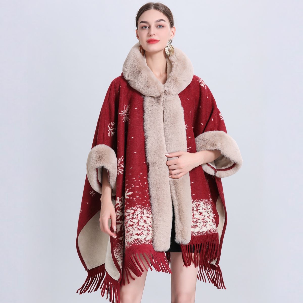 loose plaid plus velvet thick fur collar knitted shawl cape women's woolen shawl coat_maomaolike.com
