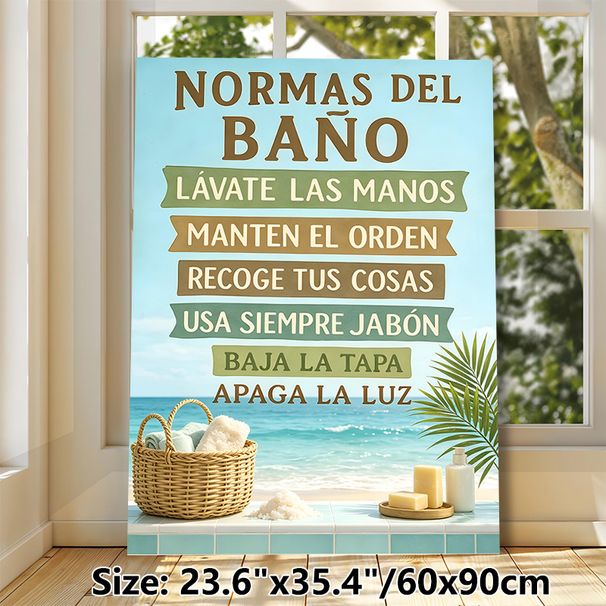 Spanish Bathroom Rules Painting Poster, Coastal-themed Serene Beach Scene With Bath Essentials Poster, Clearly Displays Bathroom Guidelines, Suitable_maomaolike.com