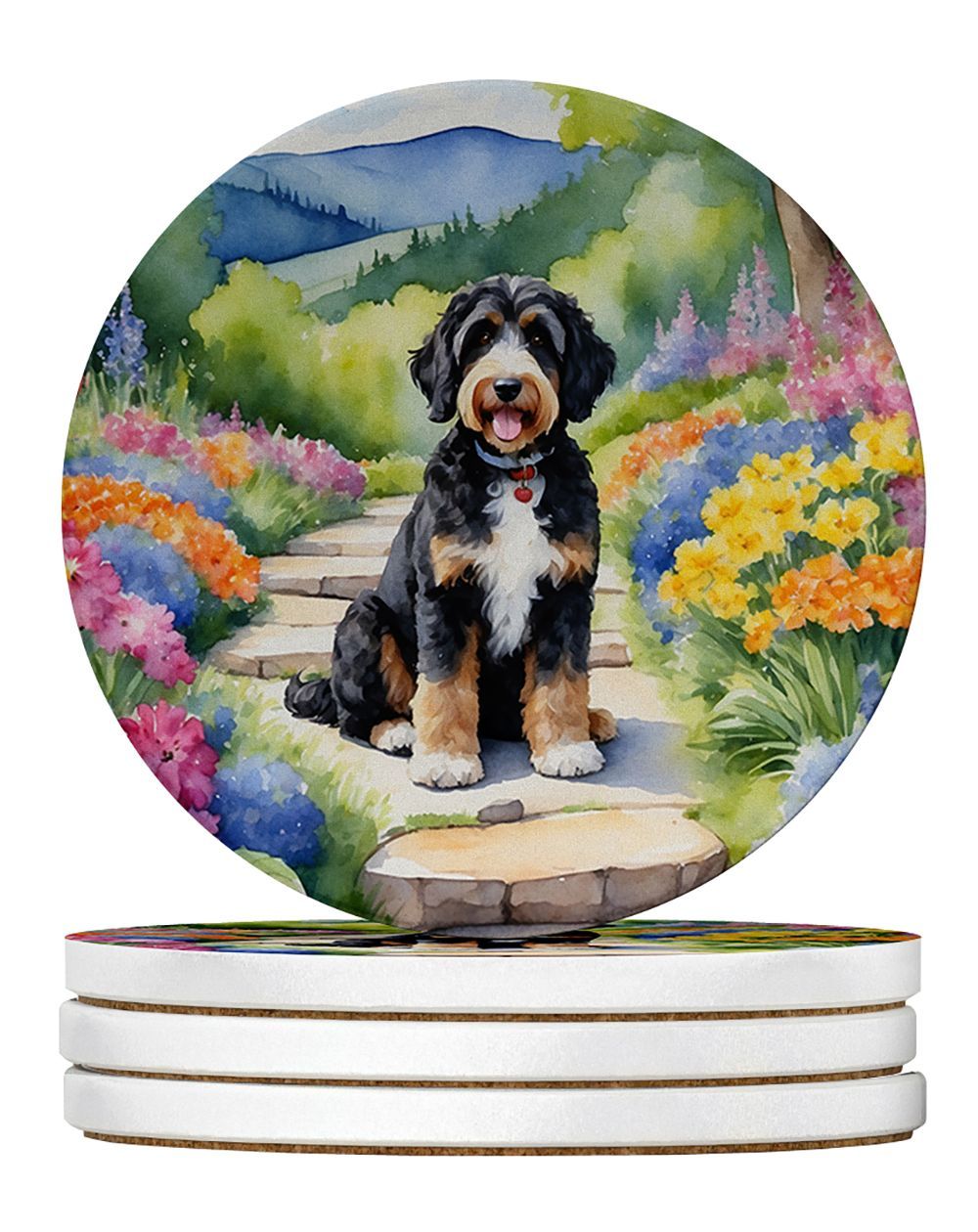 Bernedoodle Spring Path Large Sandstone Coasters Pack Of 4 Absorbent Round Coasters Decor Gifts For Men Or Women, 4 In, Multicolor_maomaolike.com