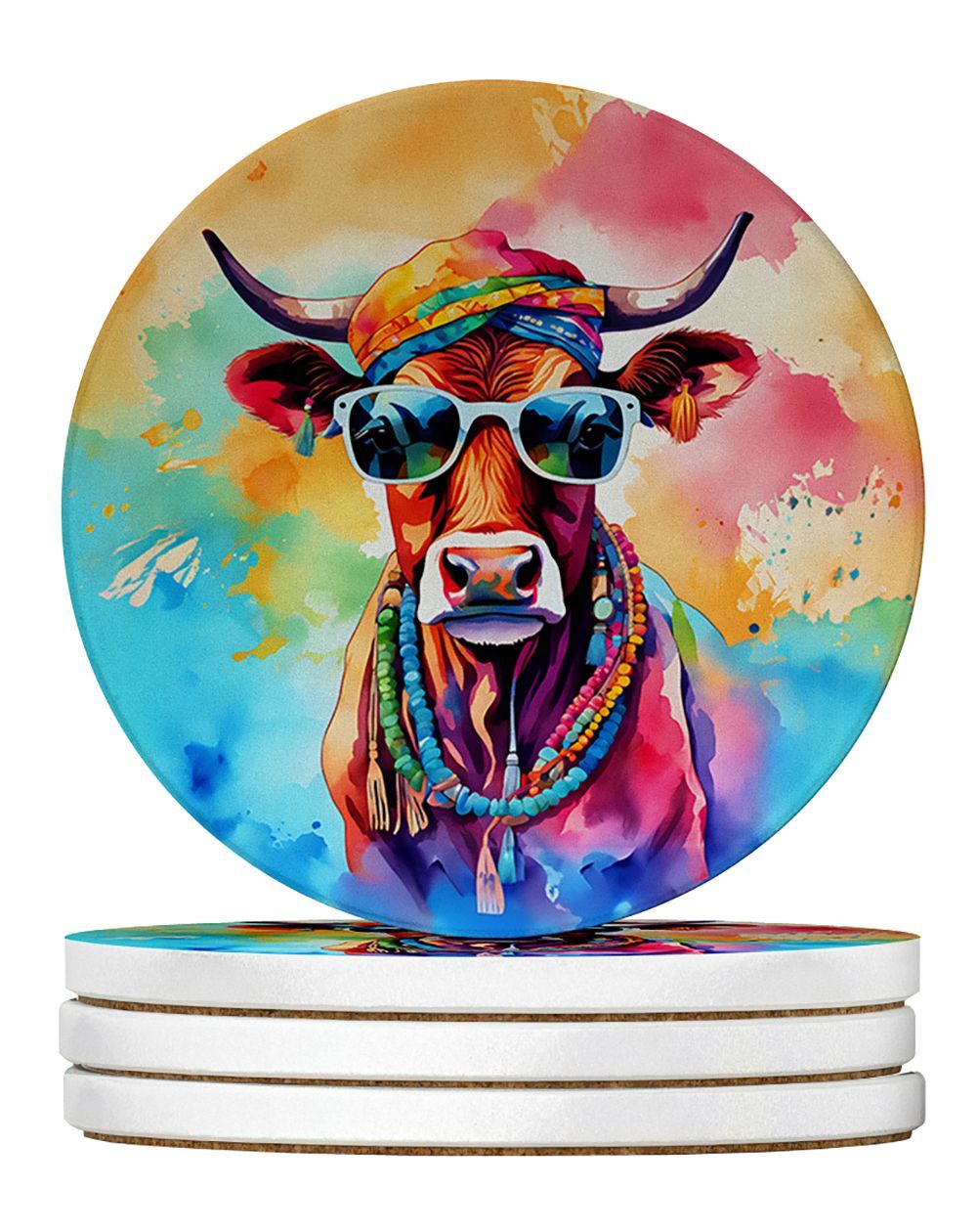 Hippie Animal Cow Large Sandstone Coasters Pack Of 4 Absorbent Round Coasters Decor Gifts For Men Or Women, 4 In, Multicolor_maomaolike.com