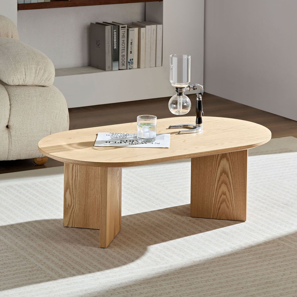 39.37 Inch Modern Coffee Table,MDF Oval Coffee Table For Living Room,Small Coffee Table With Sturdy Pedestal For Apartment,Bedroom_maomaolike.com