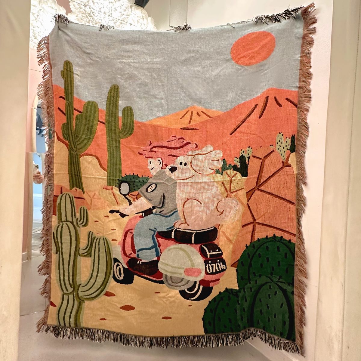 Gogo Riding Motorcycle Cartoon Ins Korean Style Woven Cotton Thread Single Sofa Towel Throw Blanket Tapestry Decorative Painting_maomaolike.com