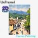 Hillside Mountain Village Painting Poster, Impressionist Style Bustling Town With Rolling Hills Poster, Warm Nostalgic Ambiance Suitable For Living_maomaolike.com