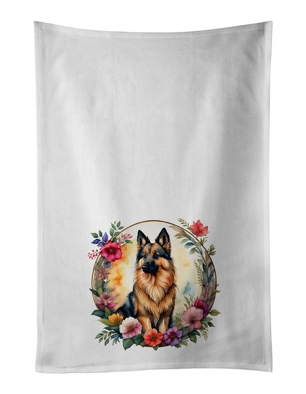 Belgian Tervuren And Flowers Kitchen Towel Set Of 2 White Dish Towels Decorative Bathroom Hand Towel For Hand, Face, Hair, Yoga, Tea, Dishcloth, 19 X 28", White_maomaolike.com