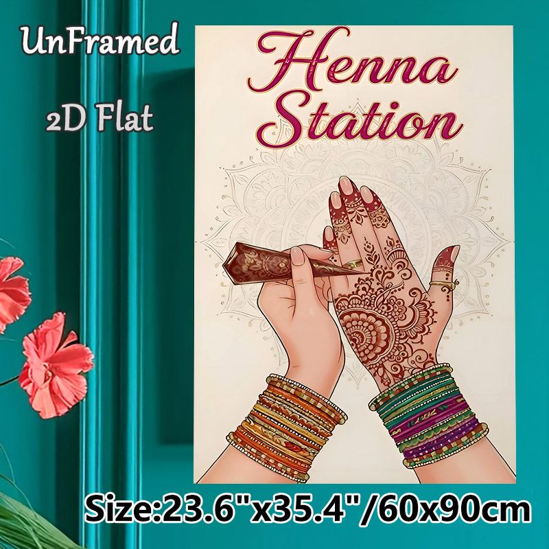 Henna Station Painting Poster, Exquisite Ethnic-style Poster, Intricate Henna Hand Art With Subtle Mandala Backdrop, Charming Cultural Decor For_maomaolike.com