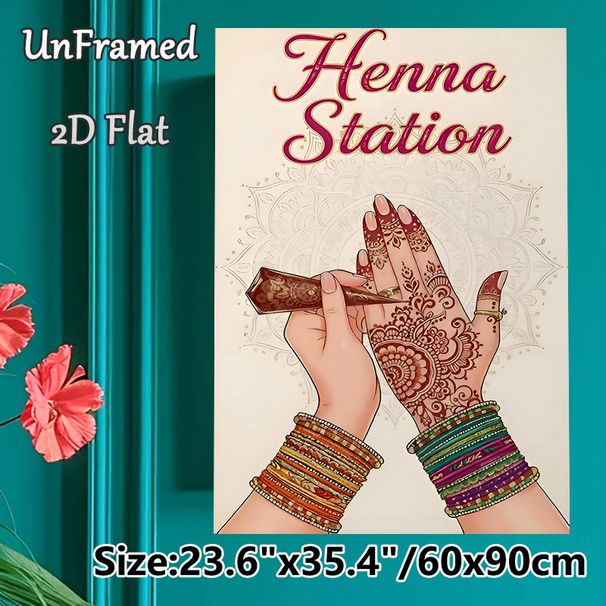 Henna Station Painting Poster, Exquisite Ethnic-style Poster, Intricate Henna Hand Art With Subtle Mandala Backdrop, Charming Cultural Decor For_maomaolike.com