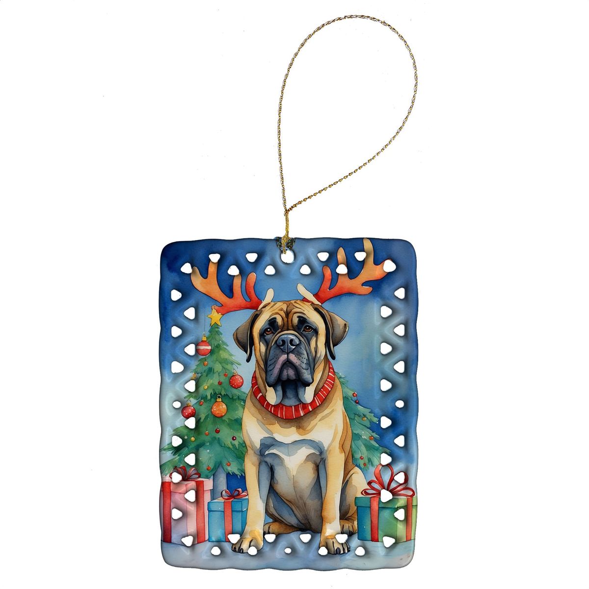 Mastiff Christmas Reindeer Porcelain Ornament Christmas Tree Hanging Decorations For Home Christmas Holiday, Rectangle, Gift, Multicolor_maomaolike.com
