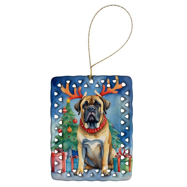 Mastiff Christmas Reindeer Porcelain Ornament Christmas Tree Hanging Decorations For Home Christmas Holiday, Rectangle, Gift, Multicolor_maomaolike.com