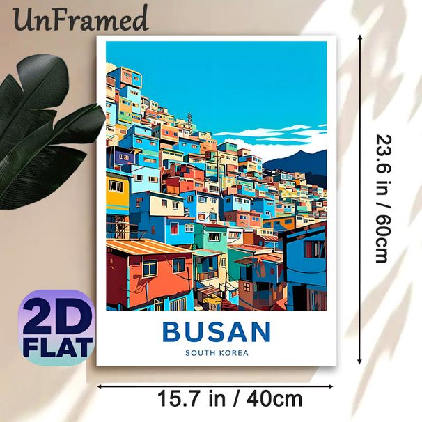Busan Themed Painting Poster, Vibrant Flat-style Hillside Town Poster, Colorful Clustered Houses With Bright Blue Sky, Travel-inspired Wall Decor For_maomaolike.com