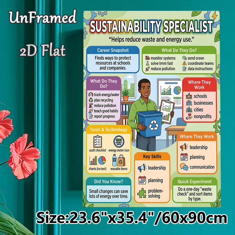 Sustainability Specialist Painting Poster, Colorful Cartoon-style Informative Poster, Educational Guide To Eco-focused Career, Ideal For Offices_maomaolike.com
