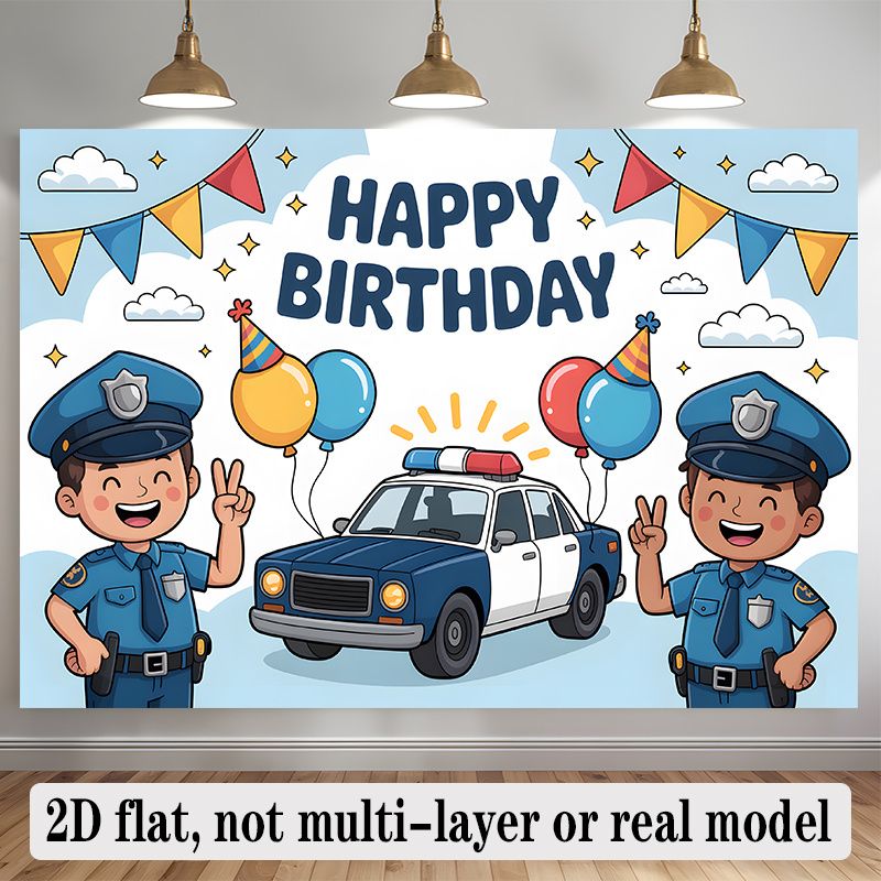 Police Car Birthday Party Banner - 2D Flat Polyester Backdrop, Wall Hanging Photo Props, Police Theme Party Decor_maomaolike.com