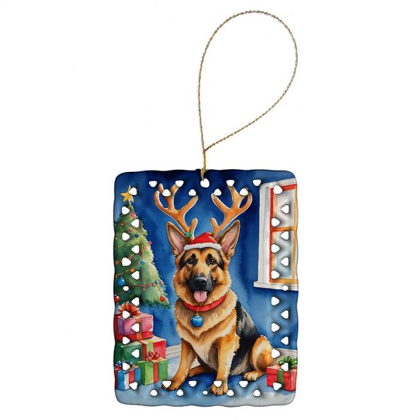 German Shepherd Christmas Reindeer Porcelain Ornament Christmas Tree Hanging Decorations For Home Christmas Holiday, Rectangle, Gift, Multicolor_maomaolike.com