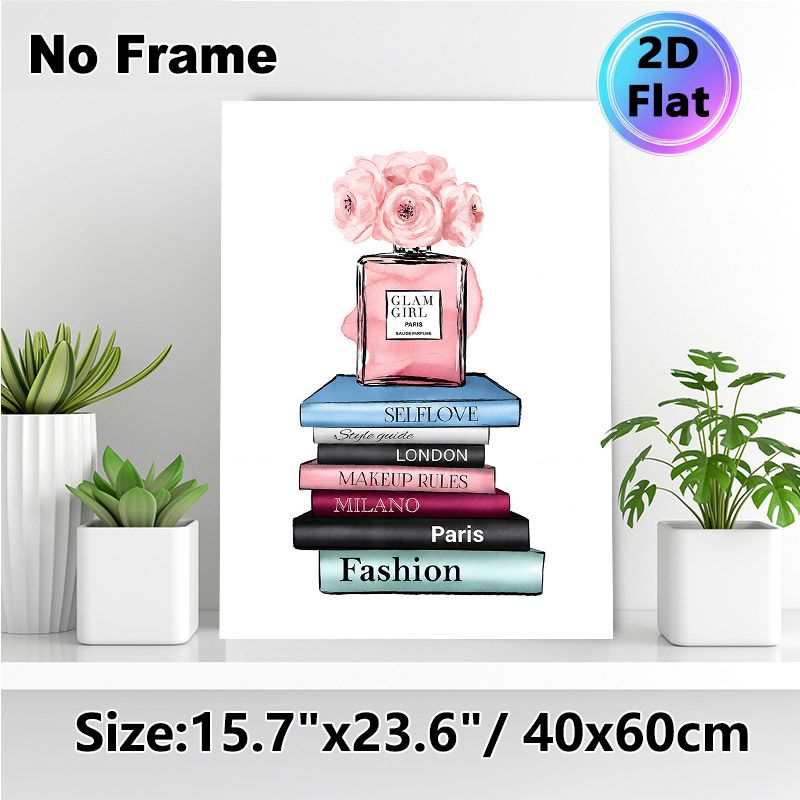 Fashion & Perfume Themed Painting Poster, Soft Watercolor-style Stylish Poster, Pink Perfume Bottle With Pink Flowers Atop Fashion Books, Elegant_maomaolike.com
