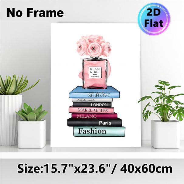 Fashion & Perfume Themed Painting Poster, Soft Watercolor-style Stylish Poster, Pink Perfume Bottle With Pink Flowers Atop Fashion Books, Elegant_maomaolike.com