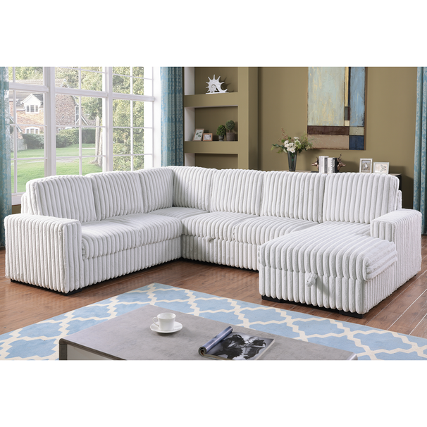 122 Inch Pull Out Couch, Rabbit Plush Fabric Sofa Bed & Comfy Upholstered, Oversized U Shape Sectional Sleeper Sofa Bed With Storage Chaise,GRAYISH WHITE_maomaolike.com