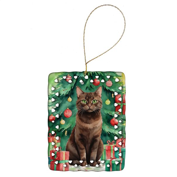 York Chocolate Cat By The Christmas Tree Porcelain Ornament Christmas Tree Hanging Decorations For Home Christmas Holiday, Rectangle, Gift, Multicolor_maomaolike.com