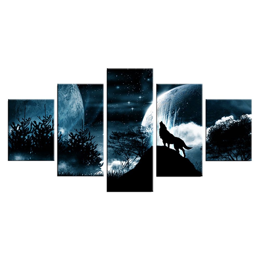 greenhome 5Pcs/Set Full Moon Forest Wolf Frameless Wall Painting Picture Living Room Decor_maomaolike.com