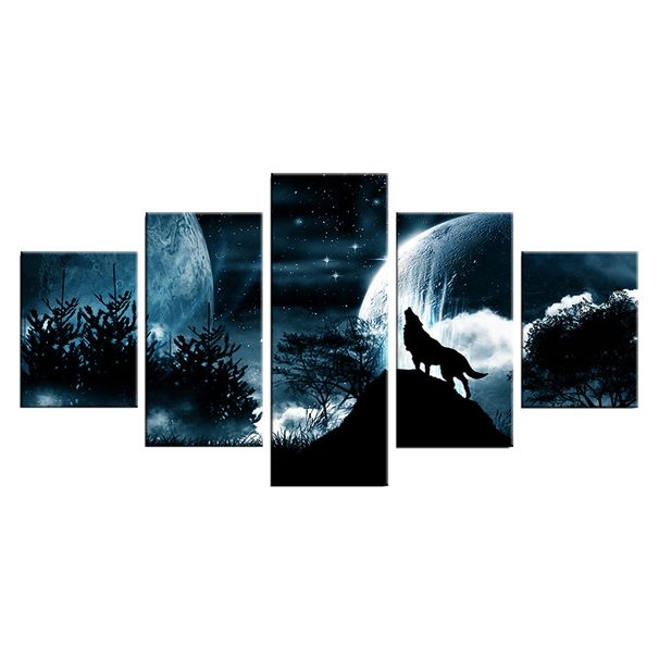 greenhome 5Pcs/Set Full Moon Forest Wolf Frameless Wall Painting Picture Living Room Decor_maomaolike.com