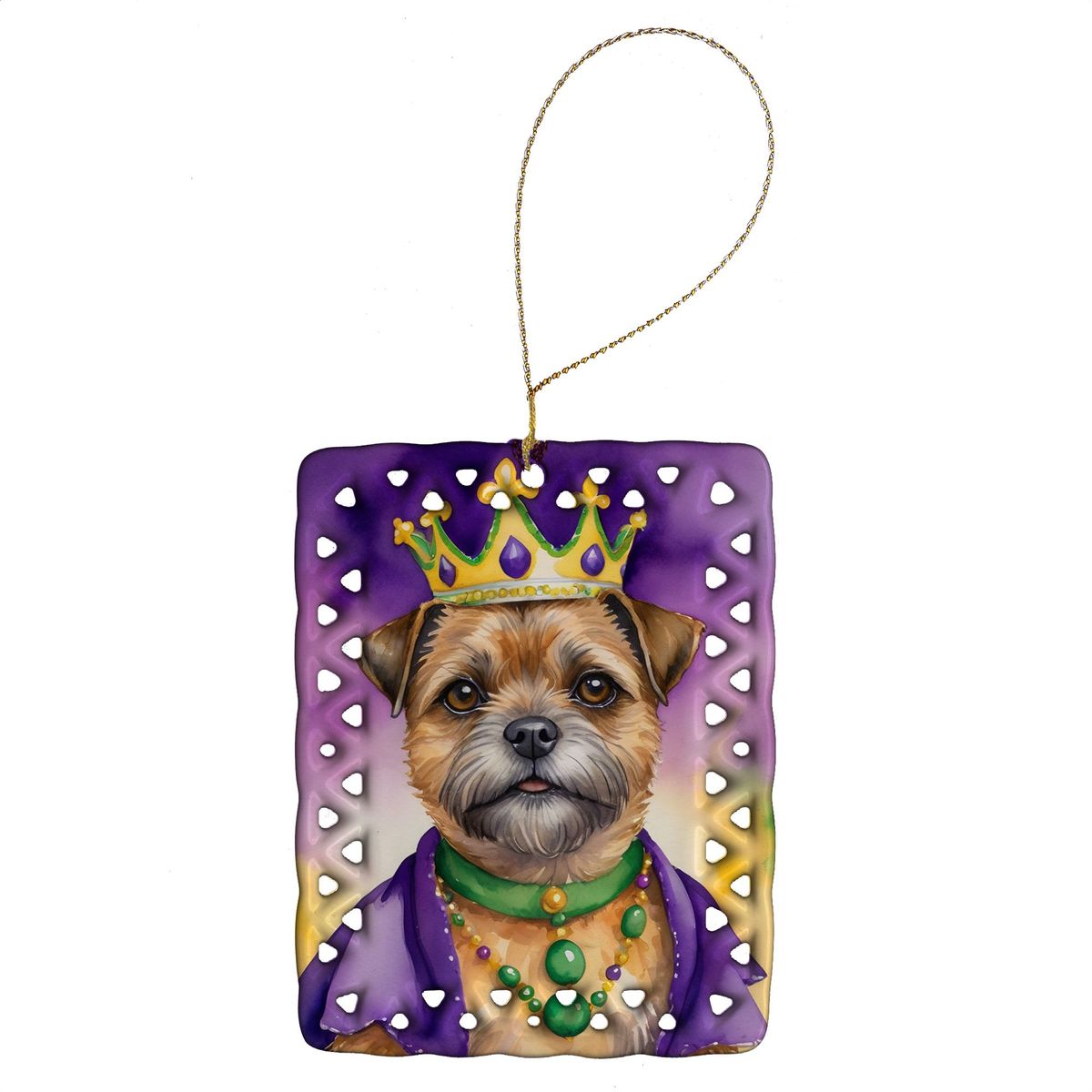 Border Terrier King Of Mardi Gras Porcelain Ornament Christmas Tree Hanging Decorations For Home Christmas Holiday, Rectangle, Gift, Multicolor_maomaolike.com