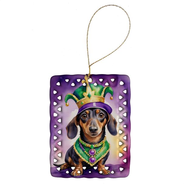 Dachshund King Of Mardi Gras Porcelain Ornament Christmas Tree Hanging Decorations For Home Christmas Holiday, Rectangle, Gift, Multicolor_maomaolike.com