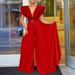 Women's sexy deep V pleated wide leg large size jumpsuit_maomaolike.com