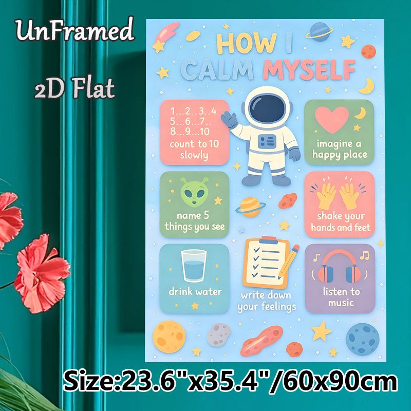 Space-themed Calming Guide Painting Poster, Pastel Cartoon Space Scene Poster, Practical Emotional Regulation Tips, Suitable For Office, Living Room_maomaolike.com