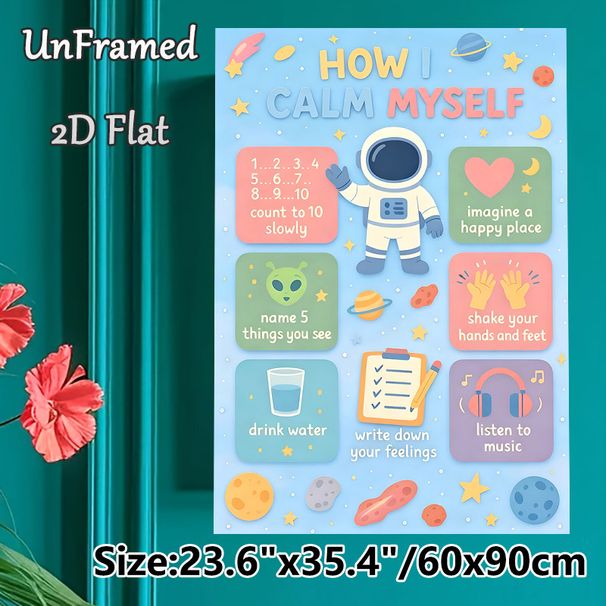 Space-themed Calming Guide Painting Poster, Pastel Cartoon Space Scene Poster, Practical Emotional Regulation Tips, Suitable For Office, Living Room_maomaolike.com