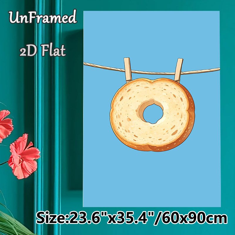 Bagel Themed Painting Poster, Whimsical Cartoon-style Bagel Clipped On Rope Poster, Playful Food-inspired Decor Ideal For Kitchen And Dining Area_maomaolike.com