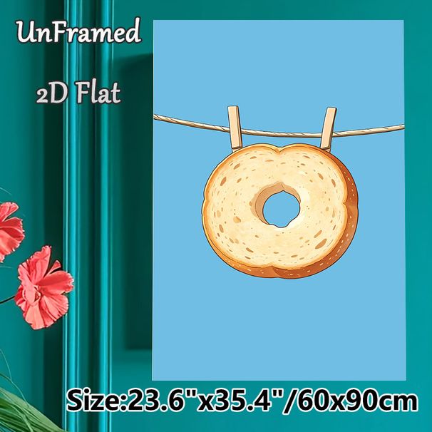 Bagel Themed Painting Poster, Whimsical Cartoon-style Bagel Clipped On Rope Poster, Playful Food-inspired Decor Ideal For Kitchen And Dining Area_maomaolike.com