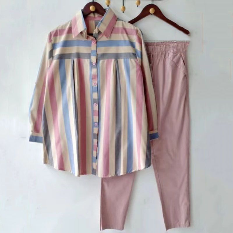 Women's Spring And Autumn Large Size Loose Fat MM Striped Collar Long-sleeved Fashion Sports Suit Two-piece Suit_maomaolike.com
