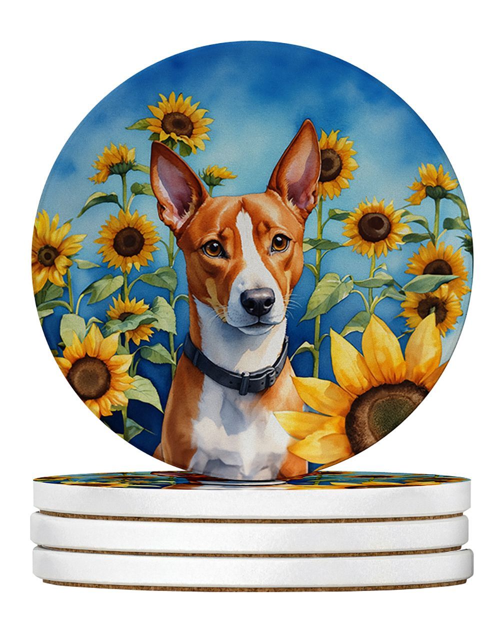 Basenji In Sunflowers Large Sandstone Coasters Pack Of 4 Absorbent Round Coasters Decor Gifts For Men Or Women, 4 In, Multicolor_maomaolike.com