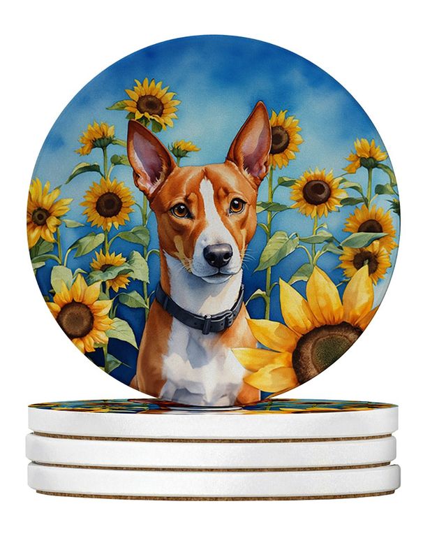 Basenji In Sunflowers Large Sandstone Coasters Pack Of 4 Absorbent Round Coasters Decor Gifts For Men Or Women, 4 In, Multicolor_maomaolike.com