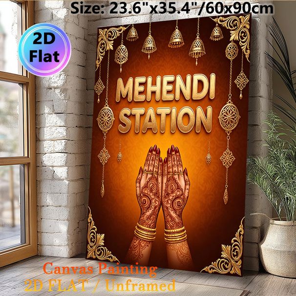Mehendi Station Themed Painting Poster, Ornate Traditional Indian Style Poster, Features Intricate Henna Art & Golden Decorative Elements, Ideal For_maomaolike.com