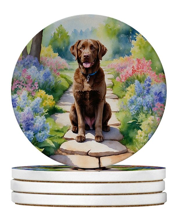 Chesapeake Bay Retriever Spring Path Large Sandstone Coasters Pack Of 4 Absorbent Round Coasters Decor Gifts For Men Or Women, 4 In, Multicolor_maomaolike.com
