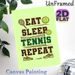 Tennis Themed Painting Poster, Playful Typographic Graphic Poster, "Eat Sleep Tennis Repeat" Design With Racket, Balls, Net & Sneakers, Sporty Decor_maomaolike.com