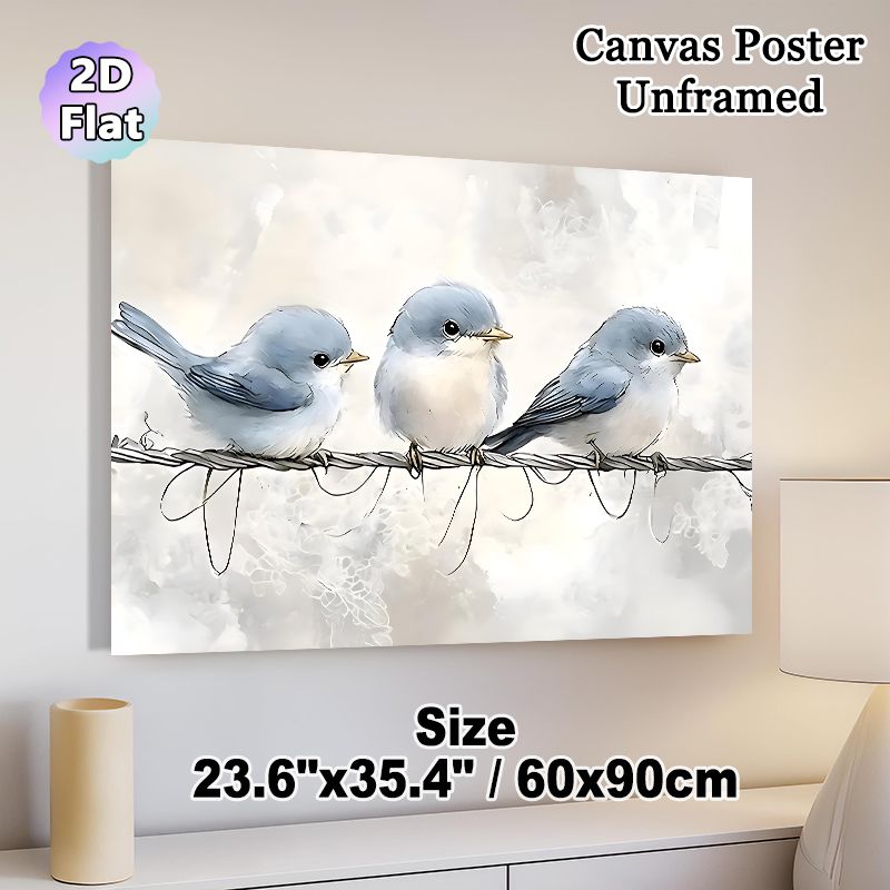 Three Blue Birds Painting Poster, Soft Watercolor-style Bird Scene Poster, Delicate Tranquil Design Suitable For Living Room, Bedroom And Office_maomaolike.com