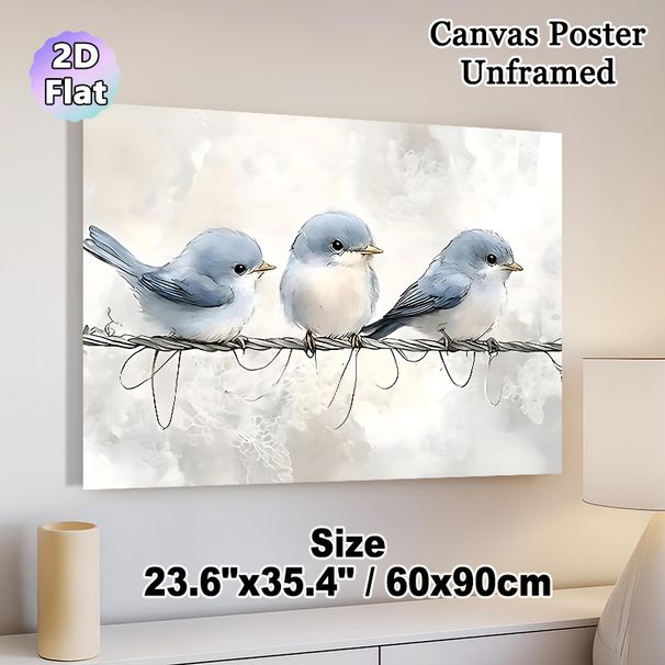 Three Blue Birds Painting Poster, Soft Watercolor-style Bird Scene Poster, Delicate Tranquil Design Suitable For Living Room, Bedroom And Office_maomaolike.com