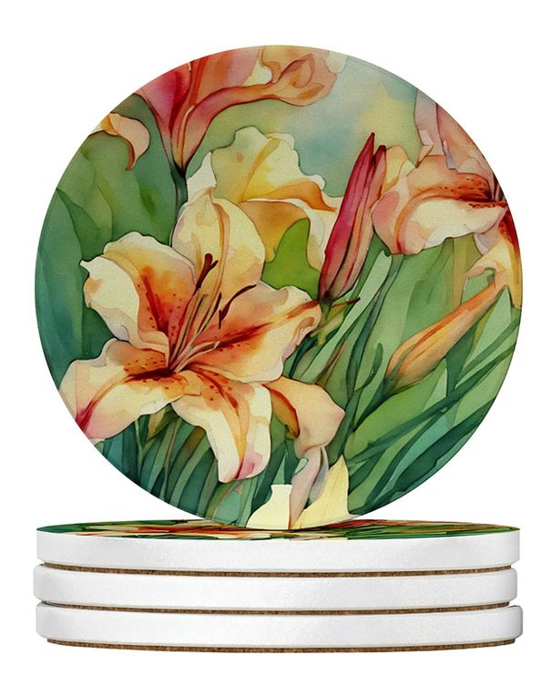 Utah Sego Lilies In Watercolor Large Sandstone Coasters Pack Of 4 Absorbent Round Coasters Decor Gifts For Men Or Women, 4 In, Multicolor_maomaolike.com