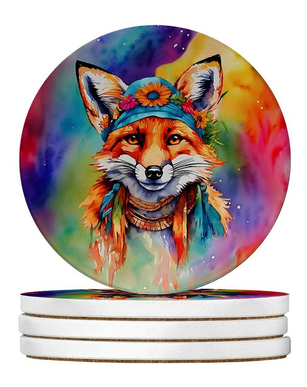Hippie Animal Fox Large Sandstone Coasters Pack Of 4 Absorbent Round Coasters Decor Gifts For Men Or Women, 4 In, Multicolor_maomaolike.com