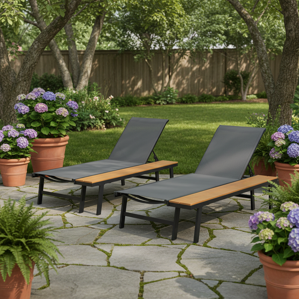 WATERLOO CHAISE LOUNGE WITH ATTACHED WOOD SIDE TABLE SET OF 2 62756.00BLKMP2_maomaolike.com
