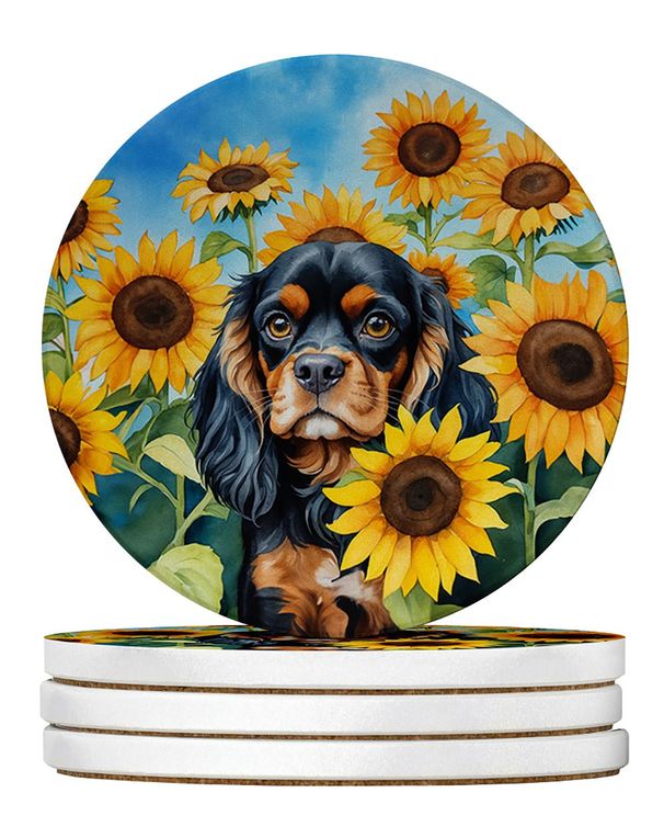 Cavalier Spaniel In Sunflowers Large Sandstone Coasters Pack Of 4 Absorbent Round Coasters Decor Gifts For Men Or Women, 4 In, Multicolor_maomaolike.com