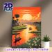 Riverside Sunset Village Landscape Painting Poster, Warm-hued Idyllic Riverside Scene Poster, Serene Tranquil Decor Suitable For Living Room, Bedroom_maomaolike.com