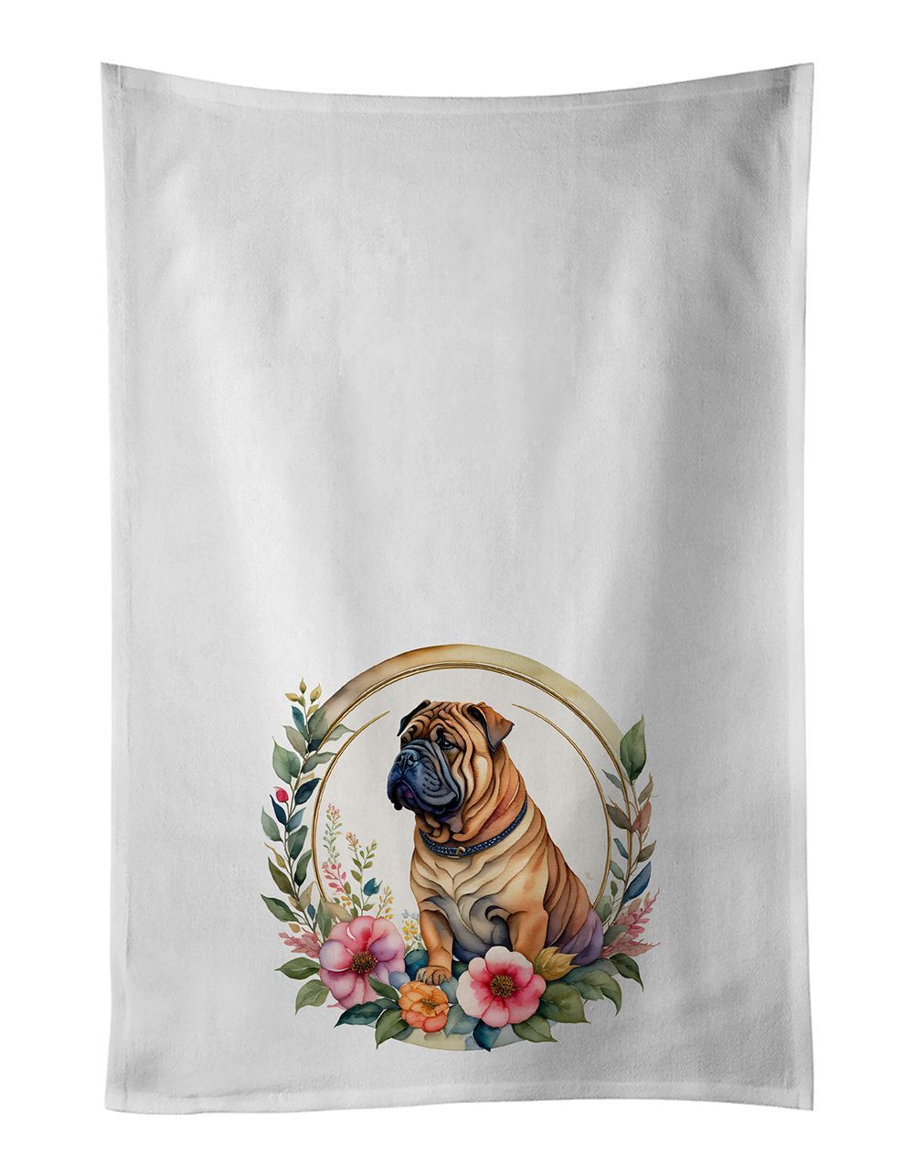 Shar Pei And Flowers Kitchen Towel Set Of 2 White Dish Towels Decorative Bathroom Hand Towel For Hand, Face, Hair, Yoga, Tea, Dishcloth, 19 X 28", White_maomaolike.com