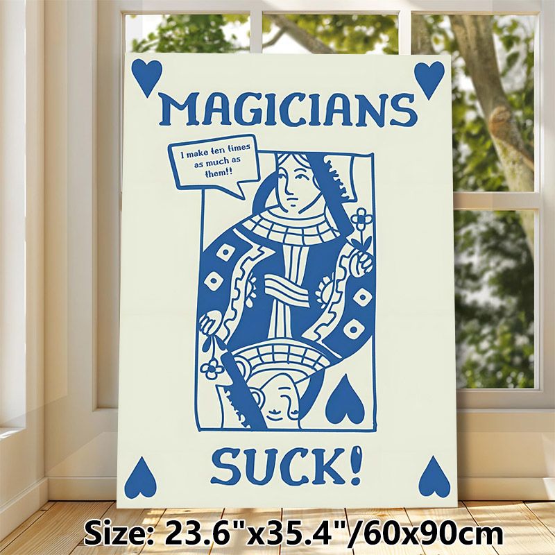 Magician Themed Playing Card Painting Poster, Minimalist Blue & White Stylized Queen Card Poster, Witty Statement Design Suitable For Home Wall Decor_maomaolike.com