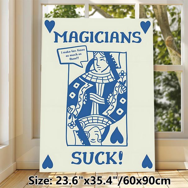 Magician Themed Playing Card Painting Poster, Minimalist Blue & White Stylized Queen Card Poster, Witty Statement Design Suitable For Home Wall Decor_maomaolike.com