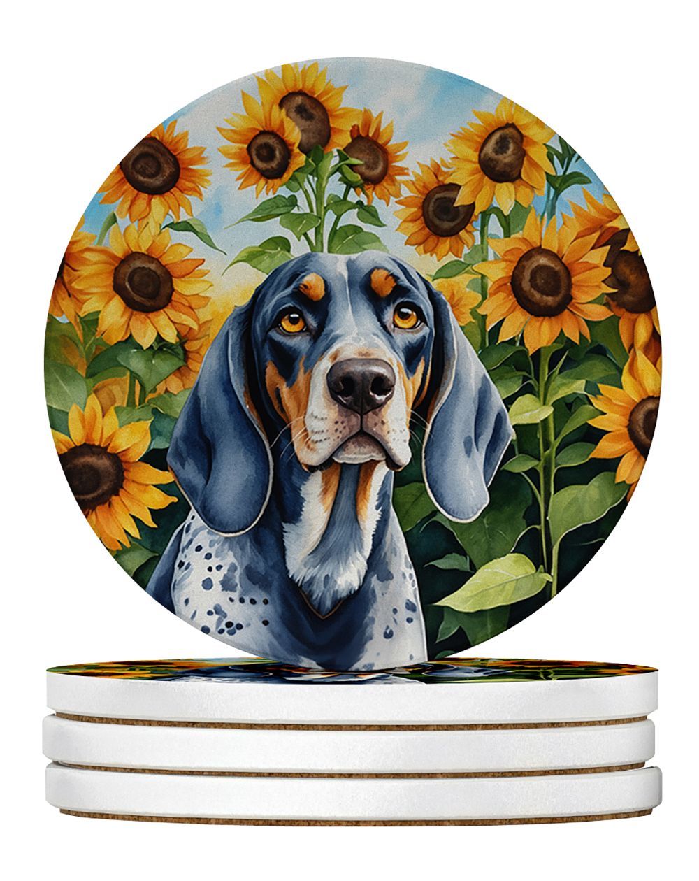 Bluetick Coonhound In Sunflowers Large Sandstone Coasters Pack Of 4 Absorbent Round Coasters Decor Gifts For Men Or Women, 4 In, Multicolor_maomaolike.com